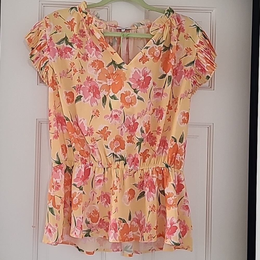 Floral Ruffle Sleeve Blouse - Yellow and Pink